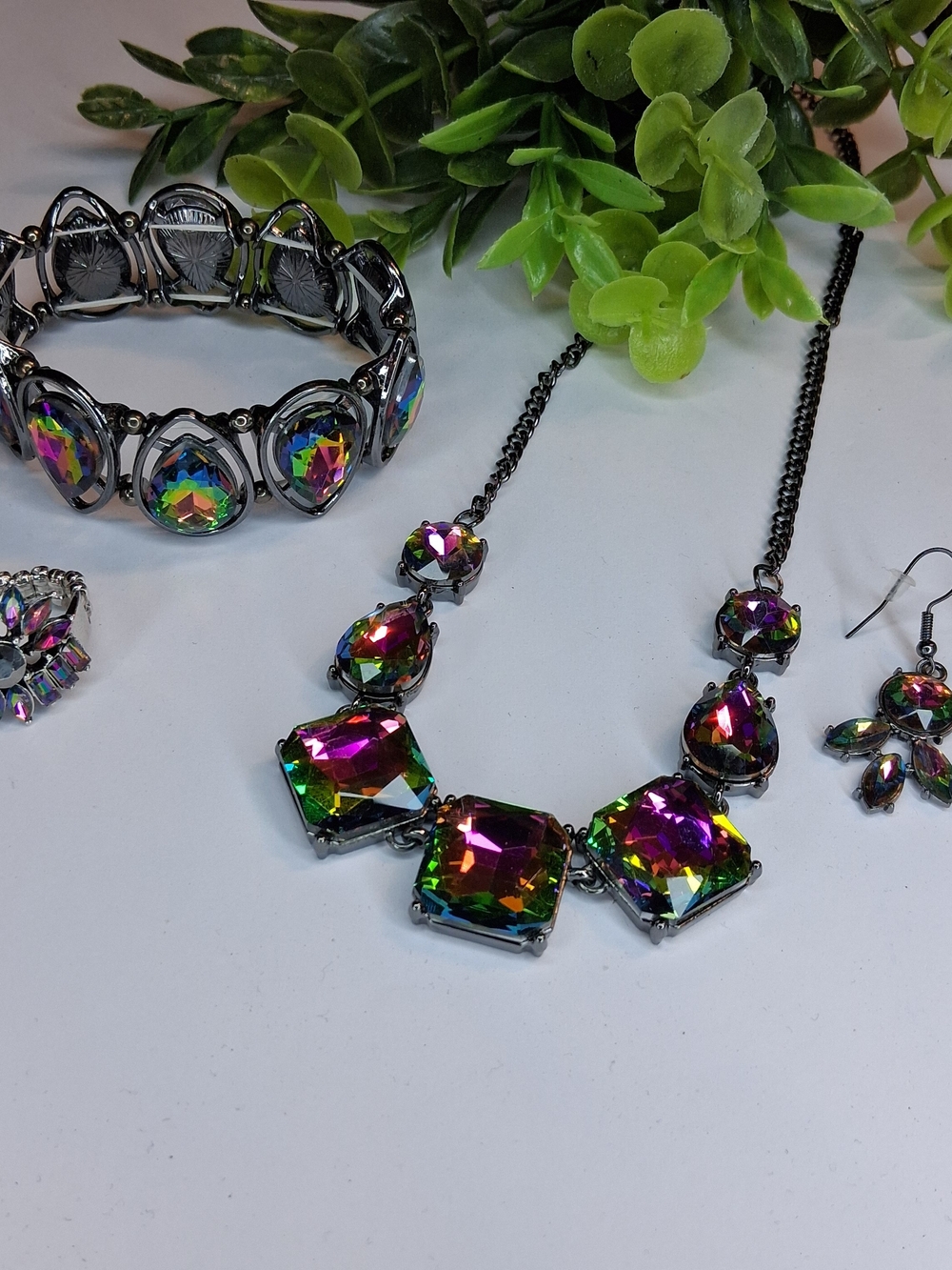 Multi-Color Oil Spill Necklace Earrings Ring And Bracelet Set